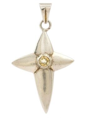 Vintage Citrine Sterling Silver Star Cross Necklace Pendant Large Modernist